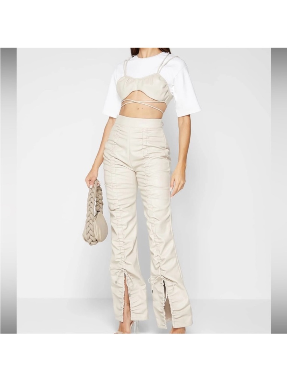 Maniere de Voir Ruched Vegan Leather Pants Trousers Beige size 8 NWT NEW